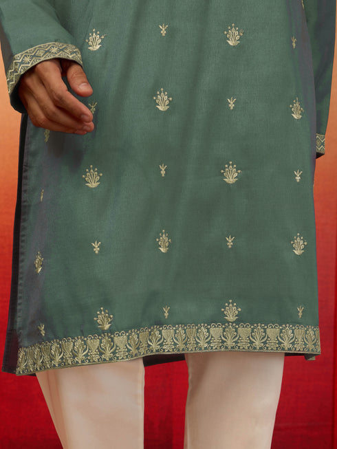 Men's Mint Green Silk Blend Resham Embroidered Kurta with Cream Pyjama